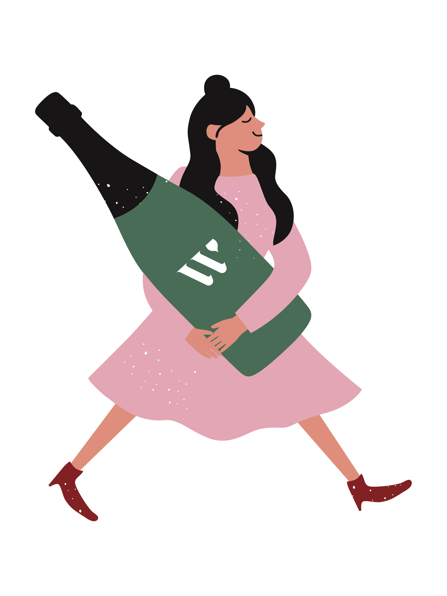 Illustration of a woman carrying a bottle of wine