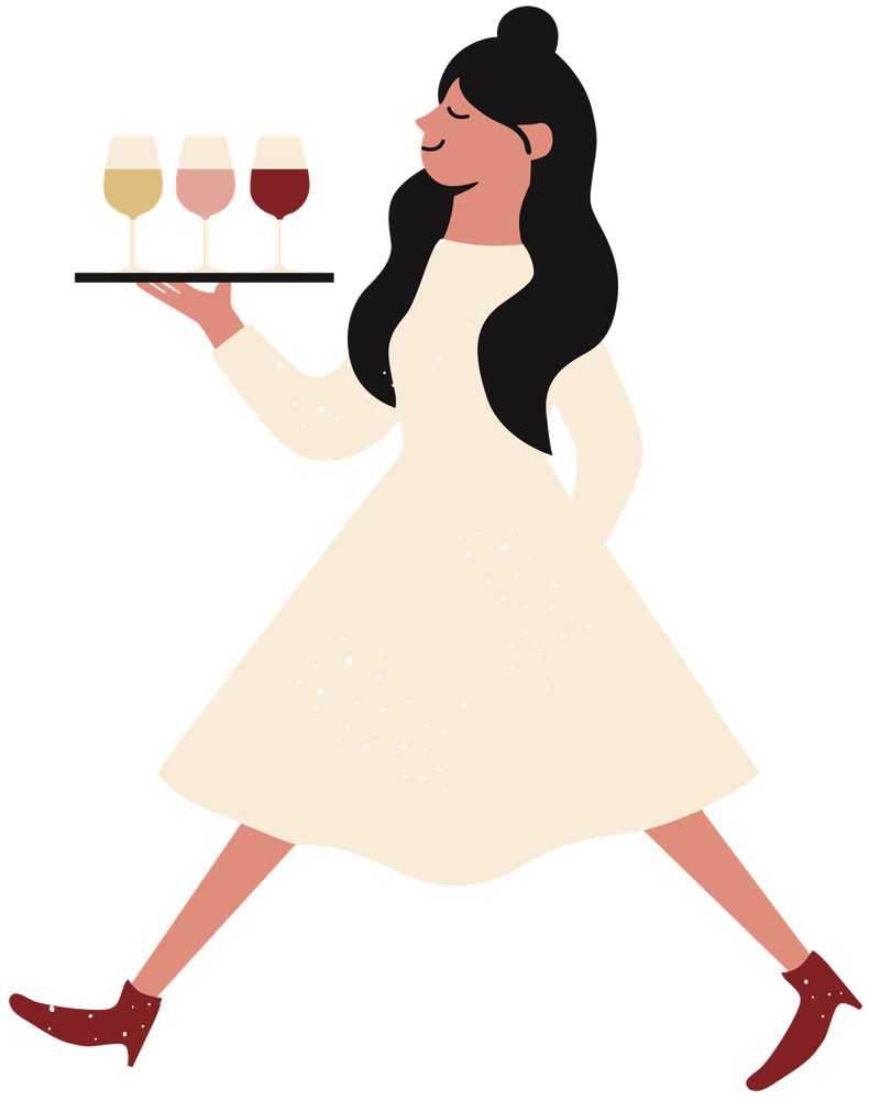 Illustration of a woman carrying a tray of white, rosé and red wine