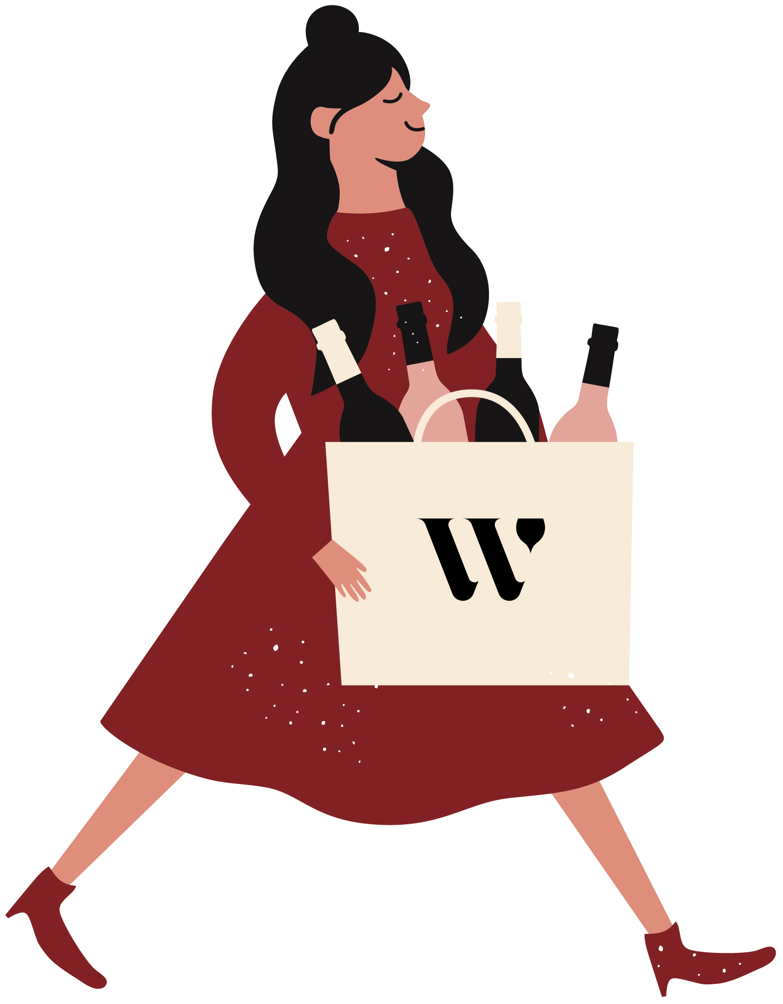 Illustration of a woman carrying a Wine House tote bag of wine